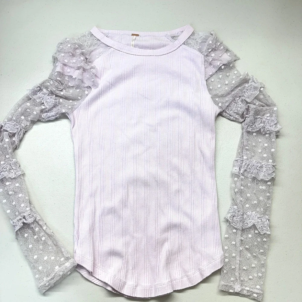 Free People Kiss Kiss Ruffle/Lace Mesh Top Lilac Size S Coquette Fairy